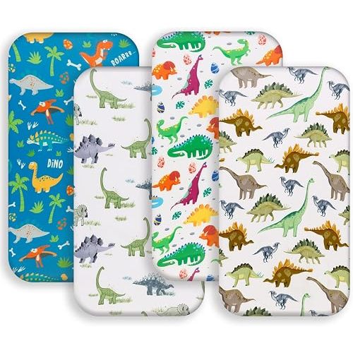 4 Pack Baby Boy Bassinet Sheets Set Soft Fitted Baby Boy Mattress Covers Construction Truck or Dinosaur Theme Breathable Toddler Sheets for Infant Boys (Dinosaur, Bassinet Sheets)