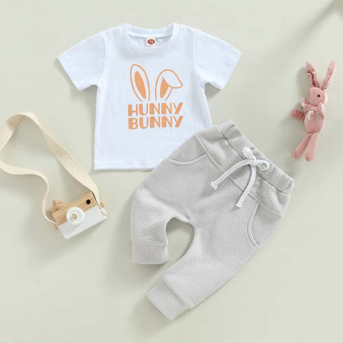 Toddler Baby Boy Girl Easter Outfit Set Bunny Rabbit Ear Hunny Bunny Print Short Sleeve T-Shirt Gray Pants