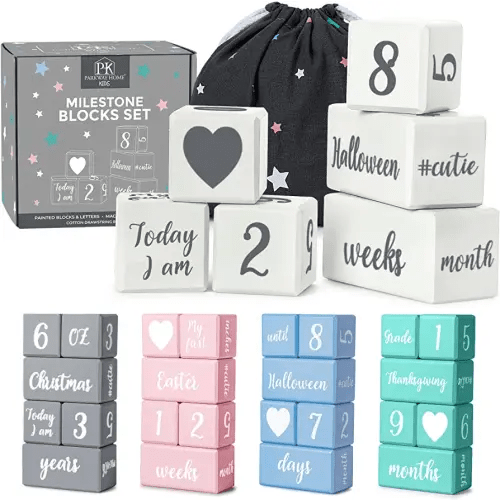 White Baby Monthly Milestone Blocks with Bag. Baby Age Blocks for Girl or Boy Baby Photo Props and Baby Shower. Month Baby Milestone Blocks with Grammatically Correct Month and Year