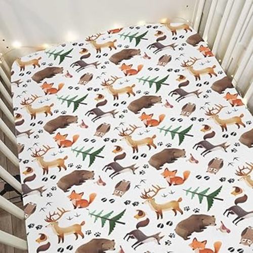 Cute Animals Baby Crib Sheets for Boy Girl 28"x52" Animal Tracks Bear Raccoon Moose Wolf Owl Fox Soft Snug Fitted Crib Mattress Cover Animal Baby Sheet for Standard Crib & Toddler Bed Mattress