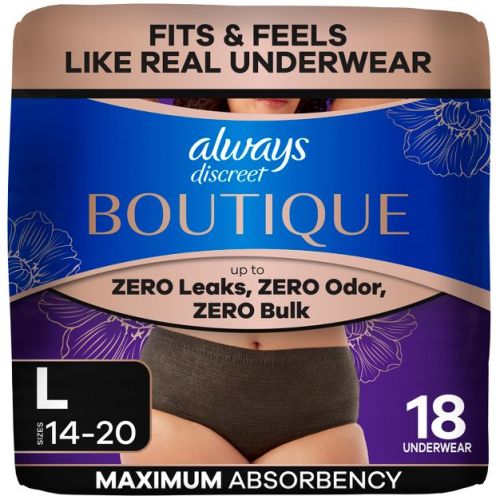 Always Discreet Boutique Adult Postpartum Incontinence Underwear for Women - Black - Large - 18ct