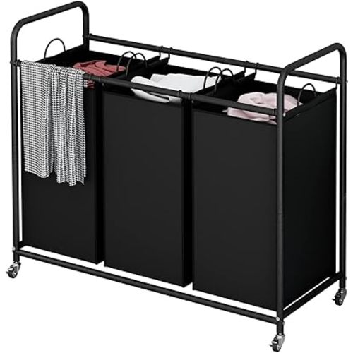 LINZINAR 3-Bag Laundry Basket, Black Laundry Hamper, 35.6 Gal(135 L) Laundry Sorter Cart Laundry Room Organization with Heavy Duty Rolling Lockable Wheels and Removable Bags