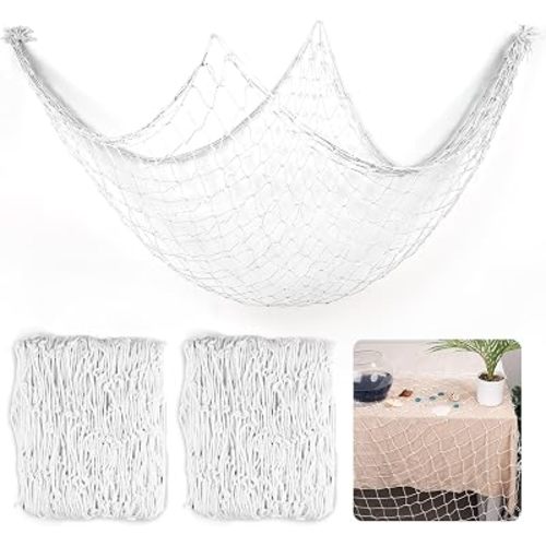 2 Pcs Fish Net Decorations, 39x78 Inch Cotton Nautical Themed Fishing Net, Wall Hanging Photo Display Fishnet for Coastal Bedroom Bathroom, Pirate Beach Under The Sea Party Decor, Bleached White