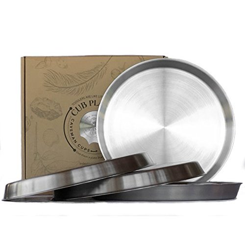 Caveman Premium Heavy Weight Stainless Steel Plates Set 4 Pack Kids Adults Elderly Camping