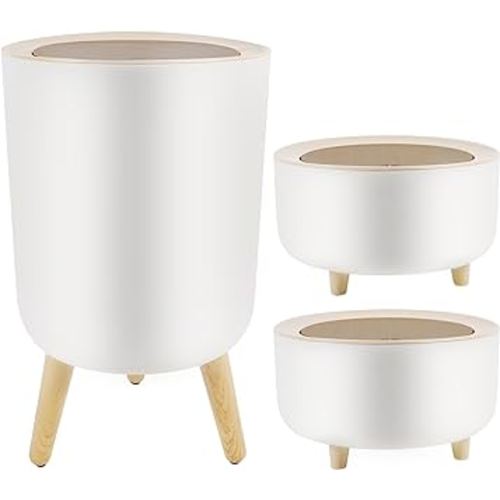 Sancodee Set of 3 Trash Can with Press Lid, Medium Garbage Can 1.8 Gallon & Mini Desktop Trash Can 0.5 Gallon, Dog Proof White Trash Bin for Kitchen, Bedroom, Bathroom, Living Room, Office