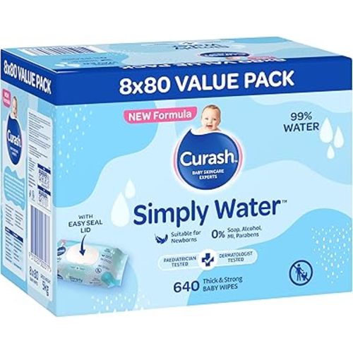 New Formula Curash Simply Water Baby Wipes, 8x80 Pack, Suitable for Newborns, 99% Purified Water, No Soap, Alcohol or Parabens, Thick & Soft Texture, Everyday Cleansing and Nappy Changes, 640 Wipes