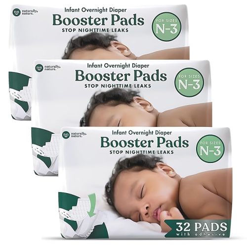 Naturally Nature Overnight Leak-Protection Diaper Booster Pads, for Heavy Wetters, Diaper Liners for Baby Overnight Diapers - Size N-3 Unisex, 32-Pack