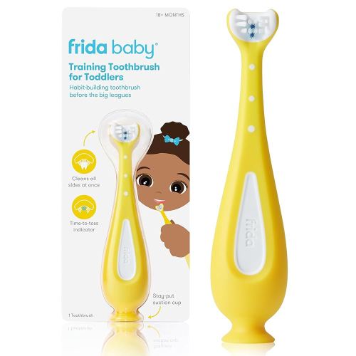 Frida Baby Training Toothbrush, Toddler Toothbrush for 18-24 Months, Easy-Grip Handle, Triple Angle Bristles, Soft Toothbrush Bristles, Stay-Put Suction Cup, Yellow