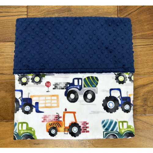 Minky Blanket with Tractors and Trucks, Personalized Construction Blanket for Boy or Girl, Navy Blanket for Toddler  Child, Baby Shower Gift