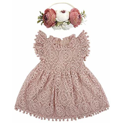 BGFKS Baby Girl Tutu Dress Elegant Lace Pom Pom Flutter Sleeve with Flower Headband Set