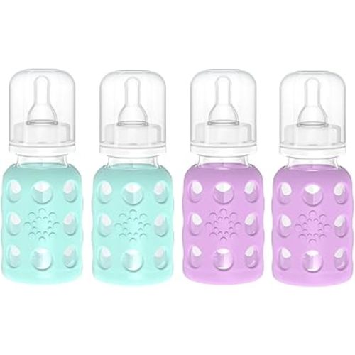 Lifefactory Glass Baby Bottle BPA Free | Protective Silicone Sleeve | 4 oz Pack of 4 (Mint,Lavender)