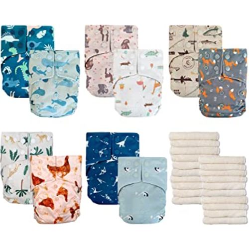 LA PETITE OURSE 10 One Size Animal Printed Snap Cloth Diaper With 20 4-Layer Premium Bamboo Inserts, for Babies Weighing 10–35 Pounds