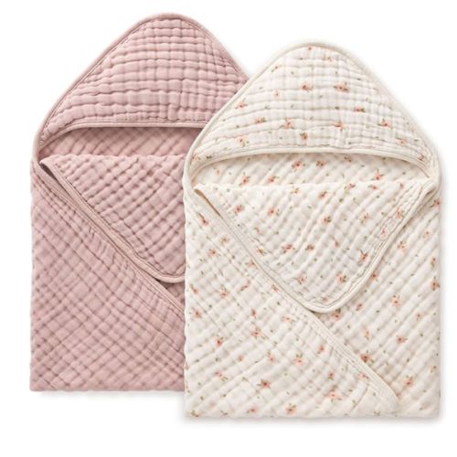 Blissful Diary Muslin Baby Hooded Towel 2 Pack, Soft & Absorbent Bath Towel for Baby Girls, Infant Gift, Newborn Essentials, Pink Floral & Light Pink