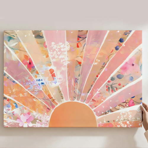 Boho Watercolor Sun Floral Framed Canvas Prints Wall Art, Pastel Pink Orange Sunburst Wall Decor, Botanical Floral Home Decor For Living Room Bedroom Bathroom, Bohemian Gift 12*18inch(30*45cm)