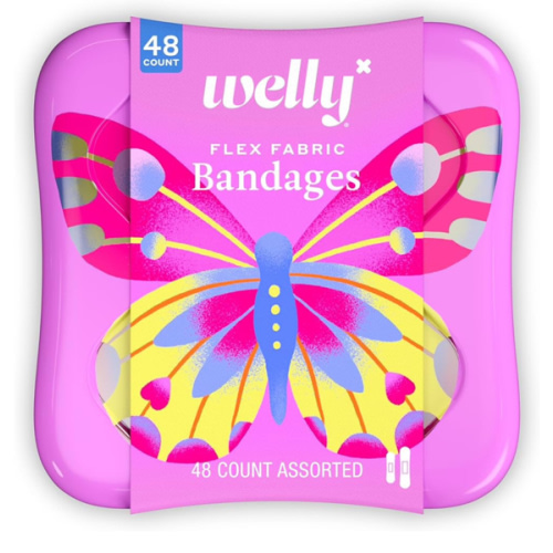 Welly Bandages | Adhesive Flexible Fabric Bravery Badges | Assorted Shapes for Minor Cuts, Scrapes, and Wounds | Colorful and Fun First Aid Tin | Butterfly Patterns - 48 Count