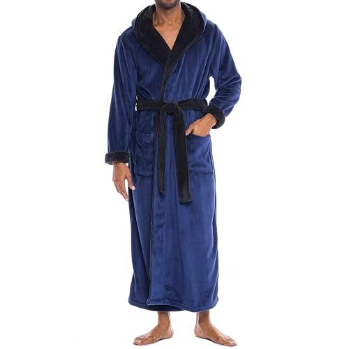 Alexander Del Rossa Mens Robe with Hood, Plush Fleece Hooded Mens Bathrobe, Big and Tall Bath Robe for Men