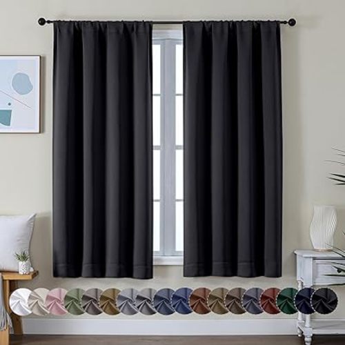 Simplebrand Ava Halloween Black Blackout Curtains for Bedroom 63 Inch Length 2 Panels, Solid Thermal Insulated Energy Saving Rod Pocket Window Treatment Curtains Blackout Drapes, W40 x L63 Inch, Black
