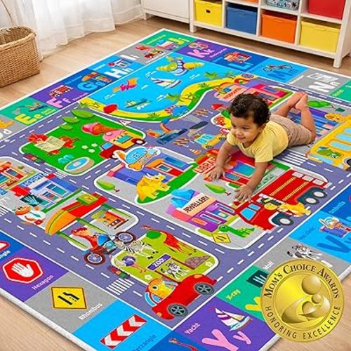 QUOKKA Floor Large Nursery Rug for Babies - Super Soft ABC Rug for Kids Toddlers & Infants - Extra Thick (0.3in) Large Padded Non-Slip Car Nursery Rug with City - Foldable Rug for Playroom