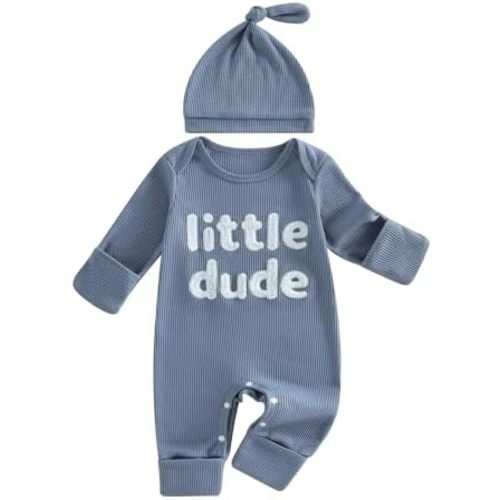 Newborn Baby Boy Clothes Little Dude Embroidered Long Sleeve Jumpsuit Coming Home Outfits Waffle Knit Romper & Hat