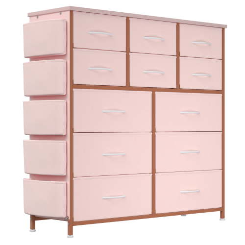 12-Drawer Fabric Dresser with Side Pockets & Hooks – Sturdy Steel Frame, Wooden Top, Easy Pull Handles – Tall Storage Chest for Bedroom, Nursery, Closet, Entryway – Pink, 99×30×110cm
