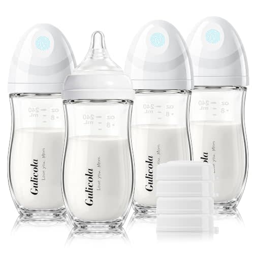 Gulicola Natural Glass Baby Bottle 8 oz for Breastfed Babies, Anti-Colic Baby Bottle Set with Medium Flow Nipple, 3 Months +, 4 Pack - White