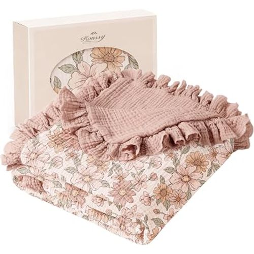 Konssy 100% Cotton Muslin Baby Blanket with Ruffle Trim for Girls, 43"x39"