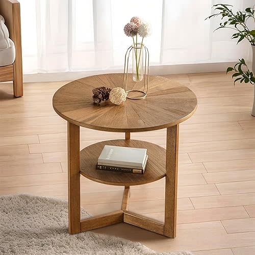 2-Tier Round End Table,Farmhouse Circle End Side Table for Living Room, Solid Wood Nightstand,25.20" W*24.21" H,Chestnut
