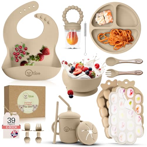 O'doeBaby Weaning Set, 15 Pcs Silicone Baby Feeding Set BPA-Free | Silicone Feeding Set for Baby with Suction Plate, Bowl, Bib, Sippy Cup, Fruit Feeder & Freezer Tray