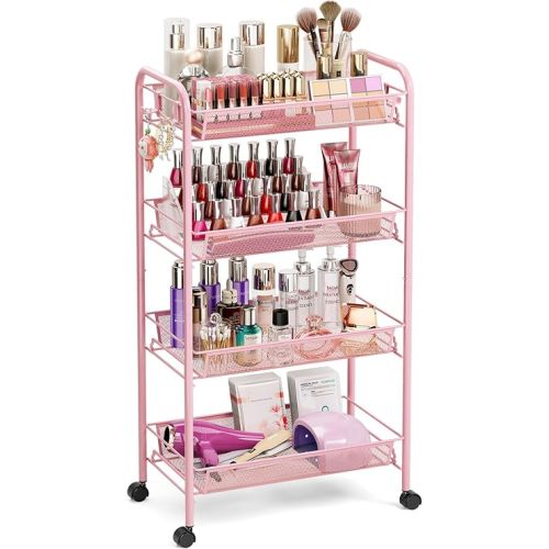 TOOLF 4 Tier Rolling Utility Cart - Durable Metal Design Pink Utility Cart, Storage Trolley on Wheels with 3 Hooks, Perfect for Kitchen, Bathroom & Laundry Room Organization