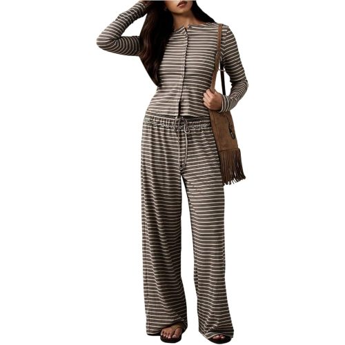 WDIRARA Women's Striped 2 Piece Pants Outfits Long Sleeve Top Lounge Sets