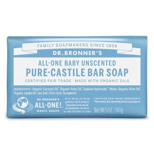 Dr. Bronner's - Pure-Castile Bar Soap (Baby Unscented, 5 ounce) - Made with Organic Oils, For Face, Body and Hair, Gentle for Sensitive Skin and Babies, No Added Fragrance, Biodegradable, Vegan