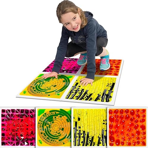Onyoloy Sensory Floor Lava Tiles: Sensory Colorful Liquid Fusion Activity Play Mat, Textured Lava Tiles for Ages 3 to Adults, 11.8" X 11.8" Set of 4 Square Multicolor