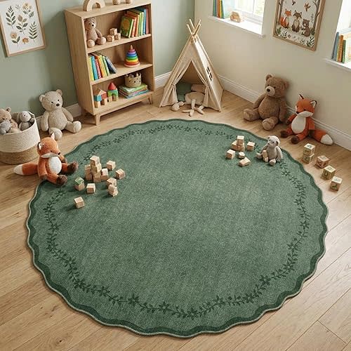 GarveeHome Round Area Rugs 4ft for Kids Room, Solid Dark Green Scalloped Washable Circle Rug Soft Non Slip Floral Print Floor Mat Carpet Indoor Thin Tent Rug for Bedroom Dining Room Playroom Nursery