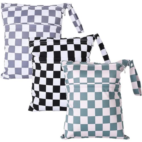 3pcs Cloth Diaper Wet Dry Bags Waterproof Reusable with Two Zippered Pockets Travel Beach Pool Daycare Soiled Baby Items Yoga Gym Bag for Swimsuits or Wet Clothes-Black,Grey Checkers