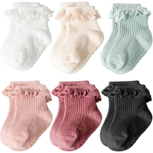 AQOKKA Baby Girl Toddlers Socks with Non-slip Grip Cute Frilly Ruffle Ankle Soft Cotton Newborn Baby Socks for Infant Kids