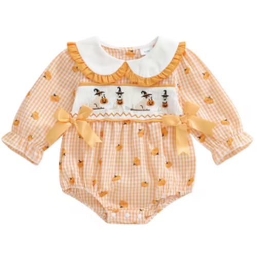 Smocked Collar Long Romper | Witch Dogs Gingham - PREORDER – BayBay Boutique
