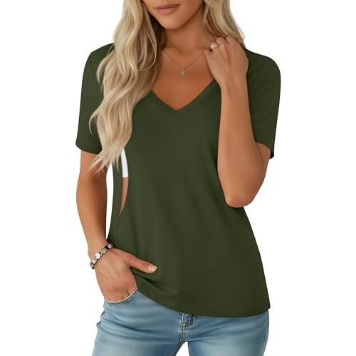 Women's Nursing Breastfeeding Shirts with Hidden Zipper Maternity V Neck Short Sleeve Tops Loose Pregnancy Tees