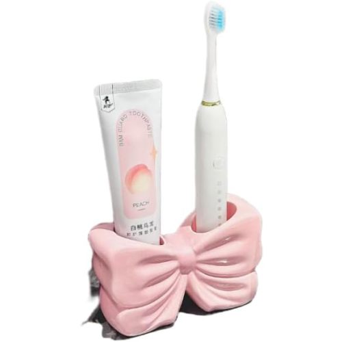 Creative Ceramic Toothbrush Holder with Pink Bow Design – Stylish Toothpaste and Electric Toothbrush Organizer for Bathroom Countertop and Shower – Functional Two-Slot Storage for Family (Pink)