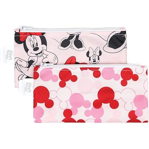 Bumkins Disney Reusable Snack Bags, for Kids School Lunch and for Adults Portion, Washable Fabric, Waterproof Cloth Zip Bag, Supplies Travel Pouch, Food-Safe, 2-pk Minnie Mouse Classic