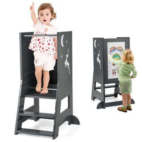 Costway Toddler Kitchen Stool Helper Baby Standing Tower with Chalkboard & Whiteboard Grey/Pink