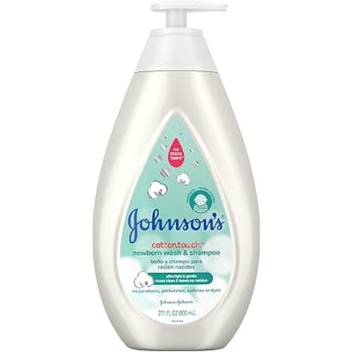 Johnson's CottonTouch Newborn Baby Wash & Shampoo with No More Tears, Sulfate-, Paraben- Free for Sensitive Skin, Made with Real Cotton, Gently Washes Away Dirt & Germs, 27.1 fl. oz