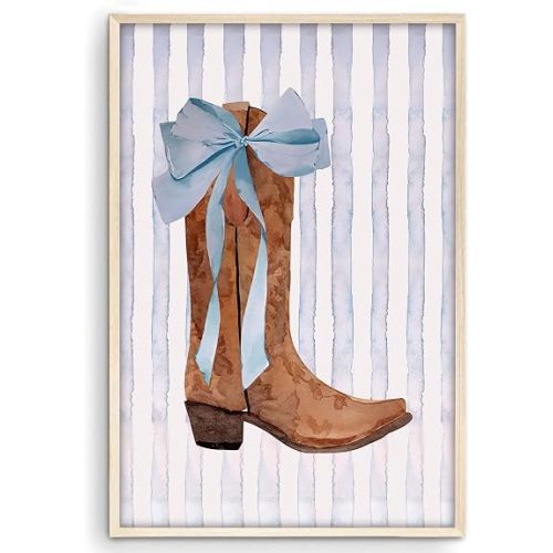 Eastern Print Western Cowgirl Wall Art Blue Bow Coastal Poster Dorm Room Granddaughter Light Blue Cowgirl Decor 8x12