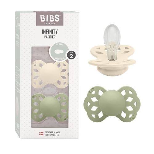 BIBS Pacifiers - Infinity Collection with Symmetrical nipple| BPA-Free Baby Pacifier | Made in Denmark | Set of 2 Ivory/Sage Color Premium Soothers | Size 6-18 Months