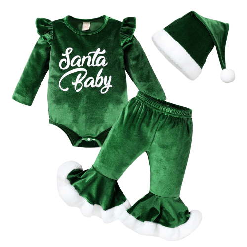 Younger Tree Newborn Baby Girl Christmas Outfits Toddler Santa Long Sleeve Romper Pants Hat Clothes Set for 0-3 Months