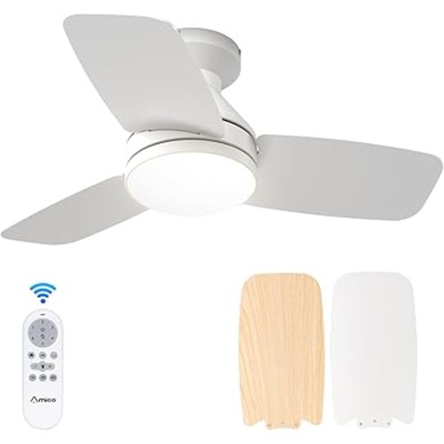 Amico Ceiling Fans with Lights, 30 inch Low Profile Ceiling Fan with Light and Remote Control, Flush Mount, Reversible, 3CCT, Dimmable, Noiseless, White Ceiling Fan for Bedroom, Indoor/Outdoor Use