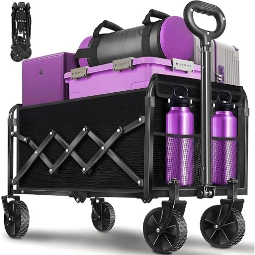Wagons Carts Foldable,280 LBS Large Capacity Foldable Wagon Cart Collapsible Wagon with Wheels & Drink Holders,Utility Folding Cart for Camping Garden Beach Picinic Grocery Outdoor Shopping(Black)