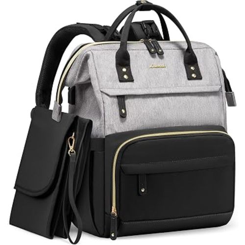 LOVEVOOK Diaper Bag Backpack, Baby Bag with Changing Station, Large Diaper Backpack for Mom Dads, Waterproof Leather Mommy Bag for Boy and Girl, Travel Essential Baby Shower, Black-Grey