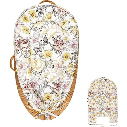 Baby Lounger Pillow Cover for Newborn Girls Boys, HNHUAMING Replaceable Infant Nest Cover, Ultra Soft & Breathable Portable Lounger Slipcover, Floral, Brown (Cover Only)
