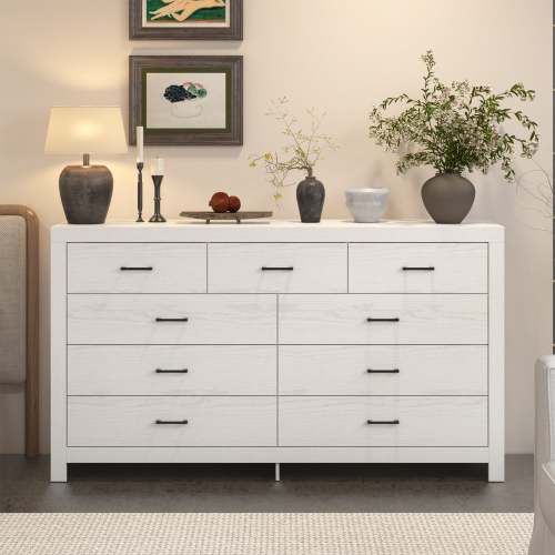 63" Rustic White Dresser With 9 Pull-out Drawers