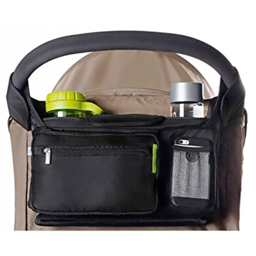 Ethan & Emma Universal Baby Stroller Organizer with Insulated Cup Holders for Smart Moms. Diaper Storage, Secure Straps, Detachable Bag, Pockets for Phone, Keys, Toys. Compact Design Fit All Strollers - Black